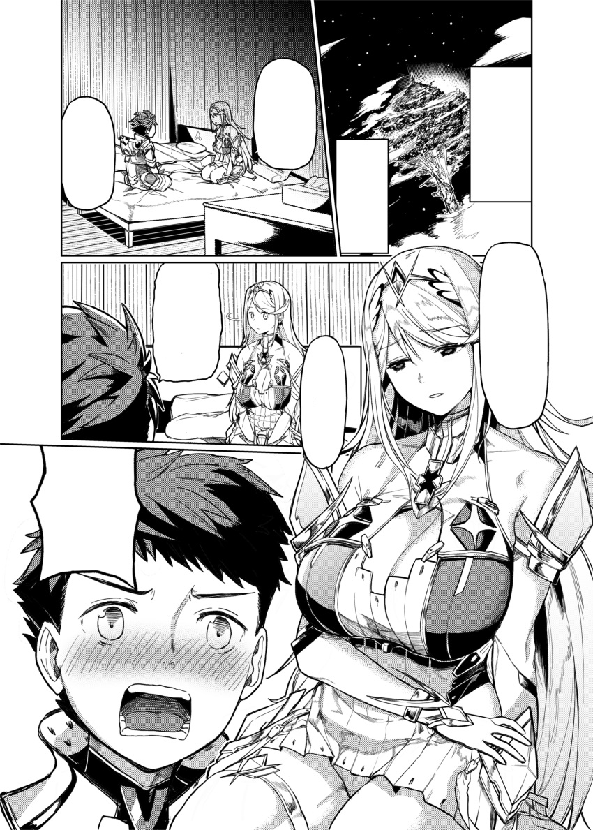 1boy 1girl absurdres armor bangs bare_shoulders blush breasts cleavage cleavage_cutout closed_mouth doujinshi eyebrows_visible_through_hair gem hair_ornament headpiece highres hikari_(xenoblade_2) indoors jewelry keoya_(keoya_01) keoya_18 large_breasts long_hair male_focus monochrome open_mouth rex_(xenoblade_2) room short_hair shoulder_armor swept_bangs thigh_strap tiara very_long_hair xenoblade_(series) xenoblade_2