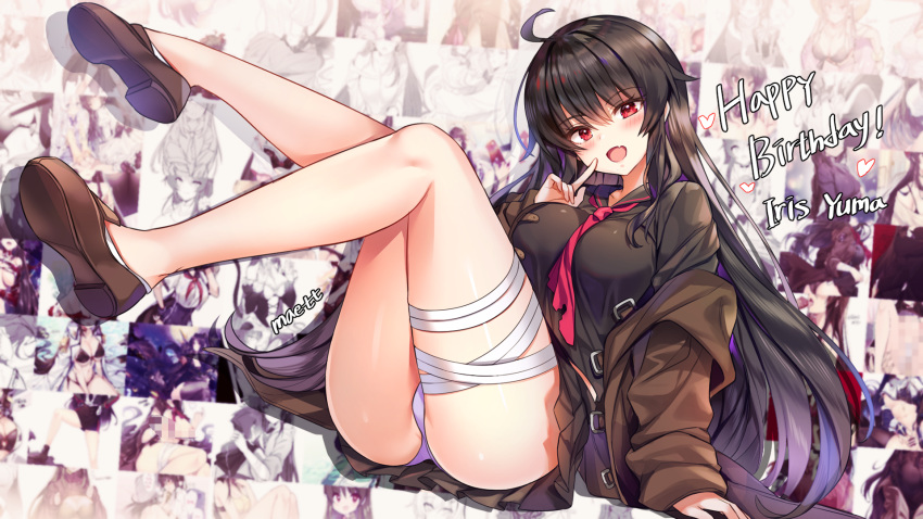 bandage black_hair blush fang iris_yuma long_hair maett panties red_eyes school_uniform signed skirt soul_worker tie underwear