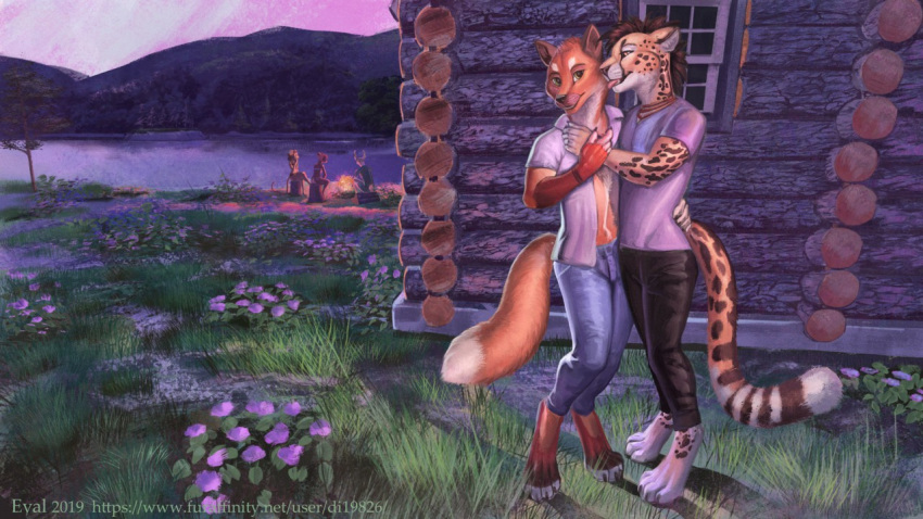 anthro barefoot canid canine cheetah chest_tuft clothed clothing di19826 digitigrade duo embrace felid feline fire flower fox fur grass hair lake licking log_cabin male male/male mammal open_shirt orange_body orange_fur outside plant shirt spots spotted_body spotted_fur standing tongue tongue_out topwear tuft