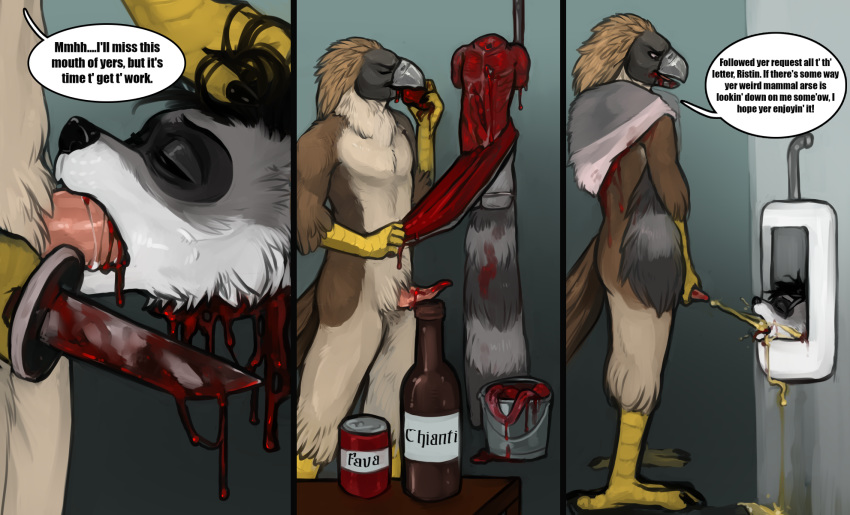 2019 accipitrid accipitriform alchohol anthro avian balls beak bird blood bodily_fluids bucket cannibalism death decapitation dialogue digital_media_(artwork) duo eagle english_text erection eyes_closed feathers fur genital_fluids gore gradient_background guts hair hi_res intestines knife male mammal necrophilia nude open_mouth oral peeing penis philippine_eagle pirate_eagle signature silence_of_the_lambs simple_background skinning smile snuff solo standing talons text torakuta urinal urine