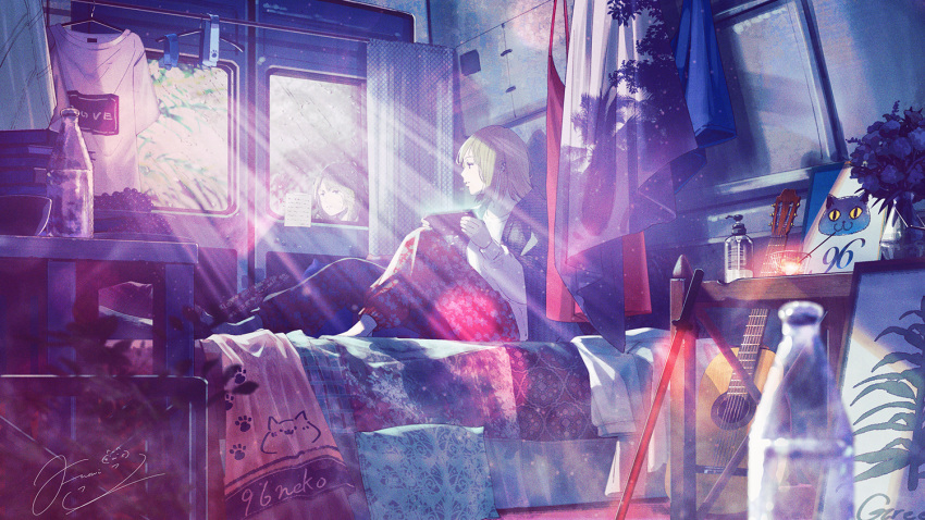 bed blonde_hair drink fusui game_console guitar instrument original reflection signed train