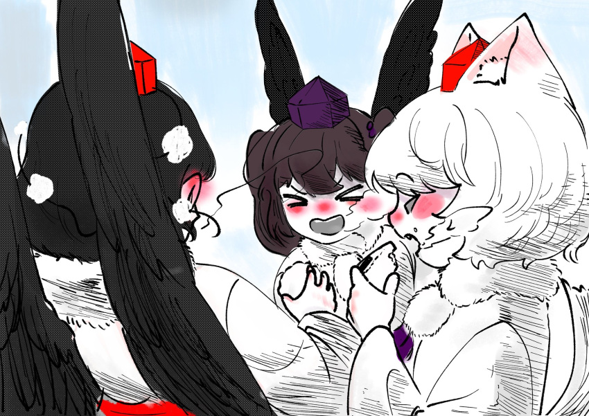 >_< 3girls animal_ear_fluff animal_ears black_hair black_wings blush breath brown_hair cold commentary_request day ear_blush eating food full-face_blush hair_ribbon hat highres himekaidou_hatate inubashiri_momiji korean_commentary long_hair lovelobten multiple_girls open_mouth outdoors pointy_ears pom_pom_(clothes) purple_hat red_hat ribbon shameimaru_aya short_hair sky tail tokin_hat touhou twintails white_hair wings winter wolf_ears wolf_tail