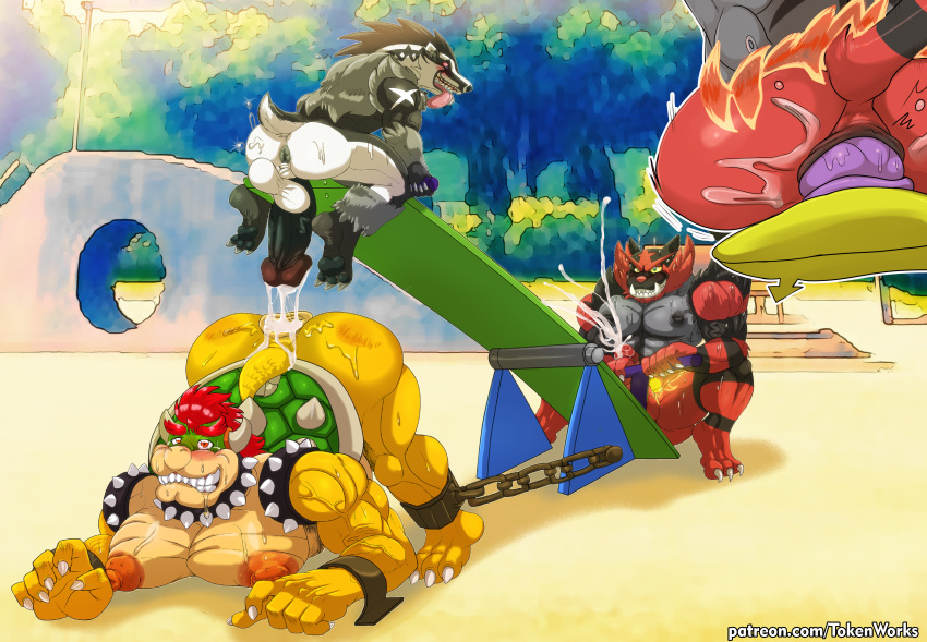 absurd_res anal anal_penetration anthro anthro_on_anthro anus balls big_nipples bowser crossover felid hi_res humanoid_penis incineroar interspecies koopa male male/male mammal mario_bros mustelid nintendo nipples obstagoon pantherine penetration penis pok&eacute;mon pok&eacute;mon_(species) pok&eacute;philia scalie seesaw tokenworks unusual_position video_games