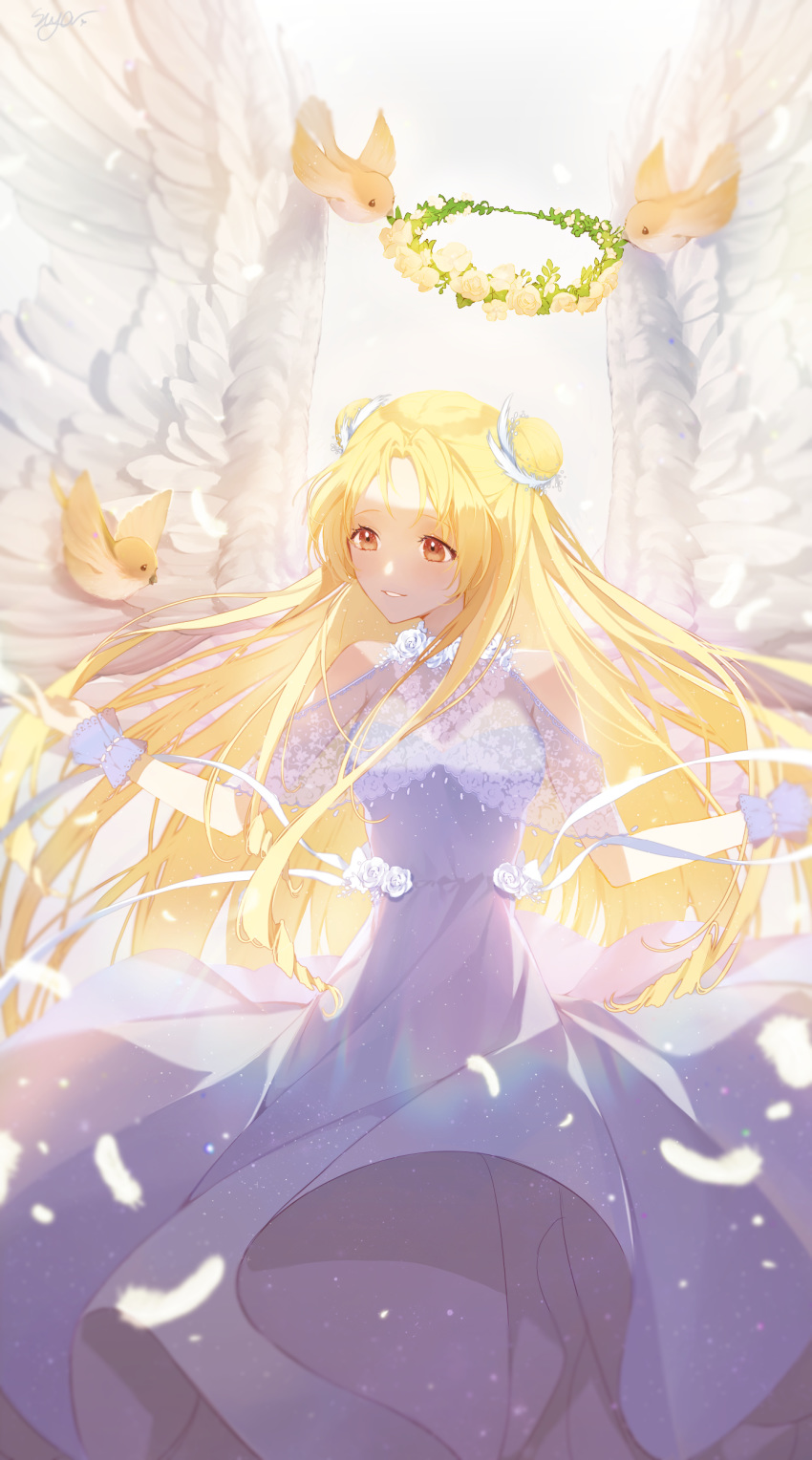 00suger001 1girl absurdres bird blonde_hair double_bun dress feathers flower full_moon_wo_sagashite head_wreath highres kouyama_mitsuki lace long_hair parted_lips sidelocks solo white_dress white_flower white_wings wings wrist_cuffs yellow_eyes