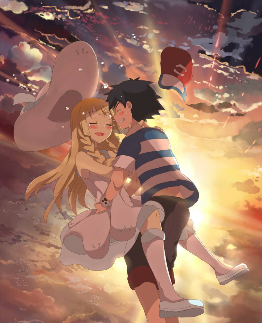 1boy 1girl black_hair blonde_hair blush bracelet braid closed_eyes cloud cloudy_sky commentary crying dress dutch_angle falling floating_hair hat hat_removed headwear_removed highres horizon hug jewelry kuriyama light_rays lillie_(pokemon) long_hair ocean open_mouth pokemon pokemon_(anime) pokemon_(game) pokemon_sm pokemon_sm_(anime) satoshi_(pokemon) short_hair side_braid sky sleeveless sleeveless_dress smile sun_hat sunset surreal tears water z-ring