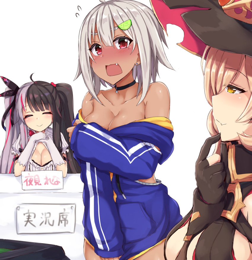 3girls ahoge arm_between_breasts bangs black_choker black_gloves black_hair blonde_hair blush breasts choker cleavage cleavage_cutout closed_eyes closed_mouth collarbone commentary dark_skin earrings facing_another fang fang_out flying_sweatdrops food_themed_hair_ornament gloves hair_between_eyes hair_bobbles hair_ornament hair_ribbon hat hayama_marin highres jewelry large_breasts lime_slice long_hair looking_at_another medium_breasts mole mole_under_eye multicolored_hair multiple_girls nijisanji nui_sociere ocha_(ochappie) off_shoulder open_mouth partly_fingerless_gloves red_eyes red_hair ribbon silver_hair simple_background sketch skin_fang sleeves_past_wrists streaked_hair stud_earrings thick_eyebrows twintails two-tone_hair undressing very_long_hair virtual_youtuber white_background white_gloves witch_hat yellow_eyes yorumi_rena
