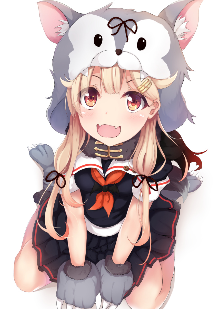 1girl animal_hood black_ribbon black_serafuku black_shirt black_skirt blonde_hair capelet dog_hood dog_tail fangs gloves gradient_hair hair_ornament hairclip halloween_costume highres hood kantai_collection long_hair looking_at_viewer mia_(kuja999) miniskirt multicolored_hair open_mouth paw_gloves paw_shoes paws pleated_skirt red_eyes red_hair remodel_(kantai_collection) ribbon school_uniform serafuku shirt shoes short_sleeves sitting skirt solo tail wariza yuudachi_(kantai_collection)