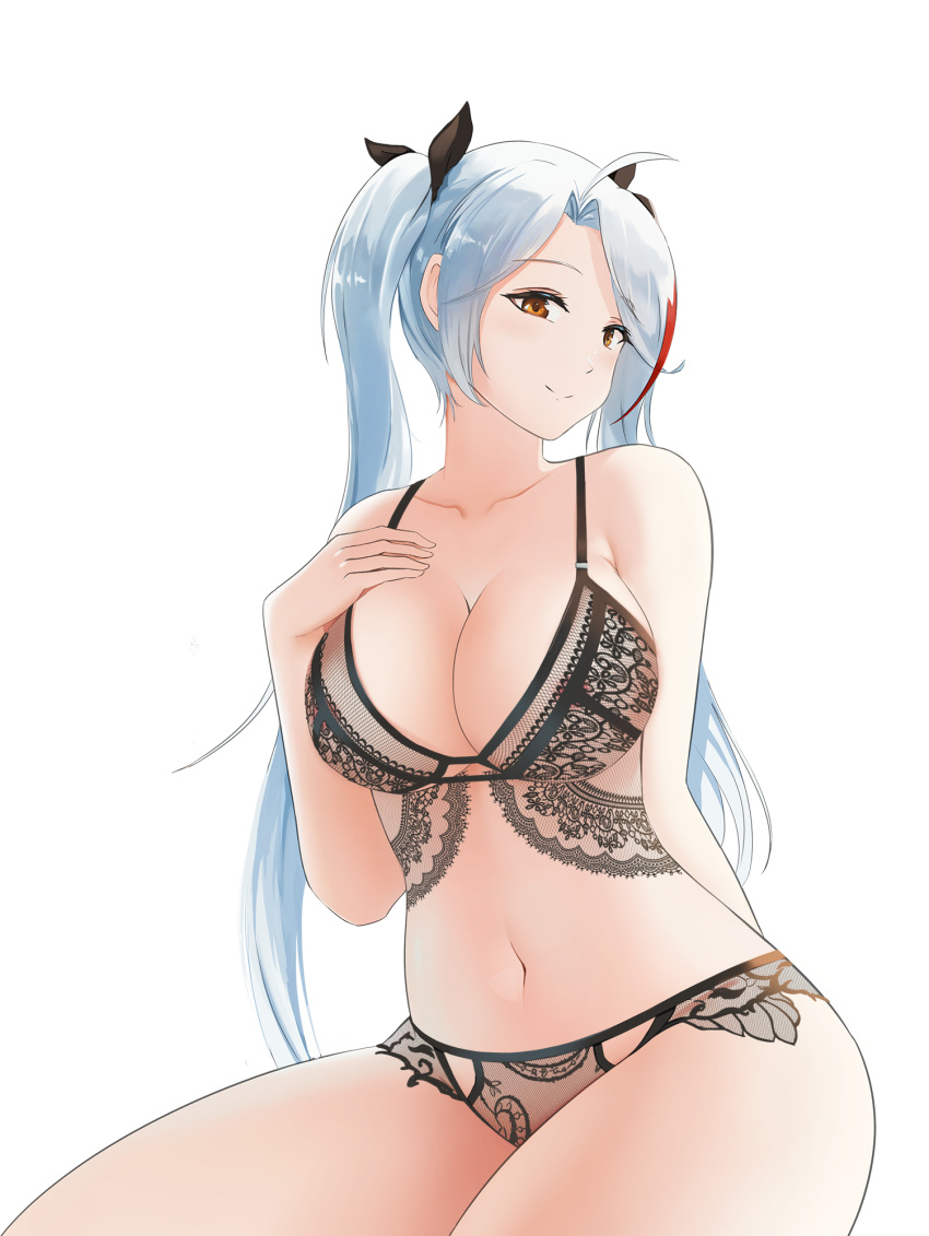 1girl ahoge arm_behind_back azur_lane bangs black_bra black_panties black_ribbon blush bra breasts brown_eyes cleavage eyebrows_visible_through_hair gan-viking hair_between_eyes hand_on_own_chest highres lace lace_bra lace_panties large_breasts lingerie long_hair looking_at_viewer multicolored_hair navel panties prinz_eugen_(azur_lane) red_hair revision ribbon silver_hair simple_background sitting smile solo stomach streaked_hair thighs twintails underwear underwear_only very_long_hair white_background