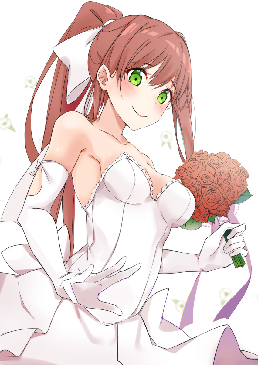 1girl alternate_costume bangs bare_shoulders blush bouquet breasts brown_hair collarbone commentary doki_doki_literature_club dress elbow_gloves english_commentary eyebrows_visible_through_hair flower gloves green_eyes hair_ribbon highres holding holding_bouquet long_hair medium_breasts monika_(doki_doki_literature_club) ponytail ribbon simple_background smile solo strapless strapless_dress wedding_dress white_background white_dress white_gloves white_ribbon xhunzei