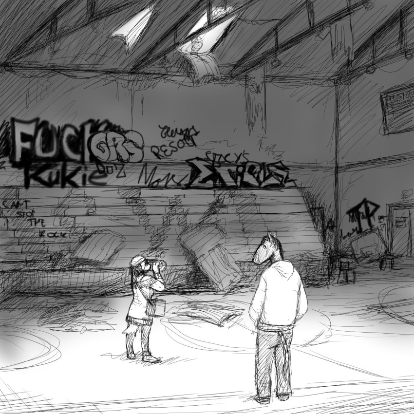 1:1 abandoned black_and_white canid canine canis clothed clothing comic creepy domestic_dog duo equid equine female graffiti gym hi_res hladilnik horse male mammal michelle_(hladilnik) monochrome school text zebra zebra_son_(hladilnik)