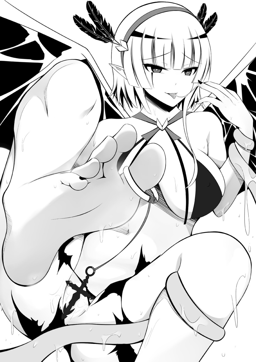 absurdres bare_shoulders barefoot bat_wings bikini_top breasts elf feathers feet fingernails greek_toe halloween headband highres jewelry large_breasts legs monochrome nail_polish original otono_fei pointy_ears pov_feet ring sharp_fingernails short_hair soles toenail_polish toenails toes tongue tongue_out wet wiggling_toes wings