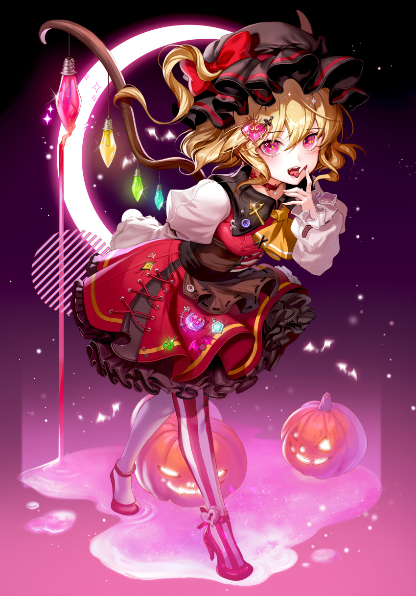 1girl absurdres adapted_costume ascot bangs bat black_headwear blonde_hair blood blood_in_mouth blood_on_fingers bow choker commentary_request crescent crescent_moon cross-laced_clothes dress fangs finger_to_mouth flandre_scarlet frills full_body gem hair_bow hair_ornament halloween hand_up harusame_(user_wawj5773) hat hat_bow heart heart-shaped_lock heart_hair_ornament high_heels highres jack-o'-lantern leaning_forward light_bulb long_sleeves looking_at_viewer medium_hair mismatched_legwear mob_cap moon open_mouth pantyhose petticoat pumpkin purple_background red_bow red_dress red_eyes red_footwear safety_pin shoes short_hair sleeves_past_wrists smile solo standing strappy_heels striped striped_legwear tongue tongue_out touhou vertical-striped_legwear vertical_stripes wings
