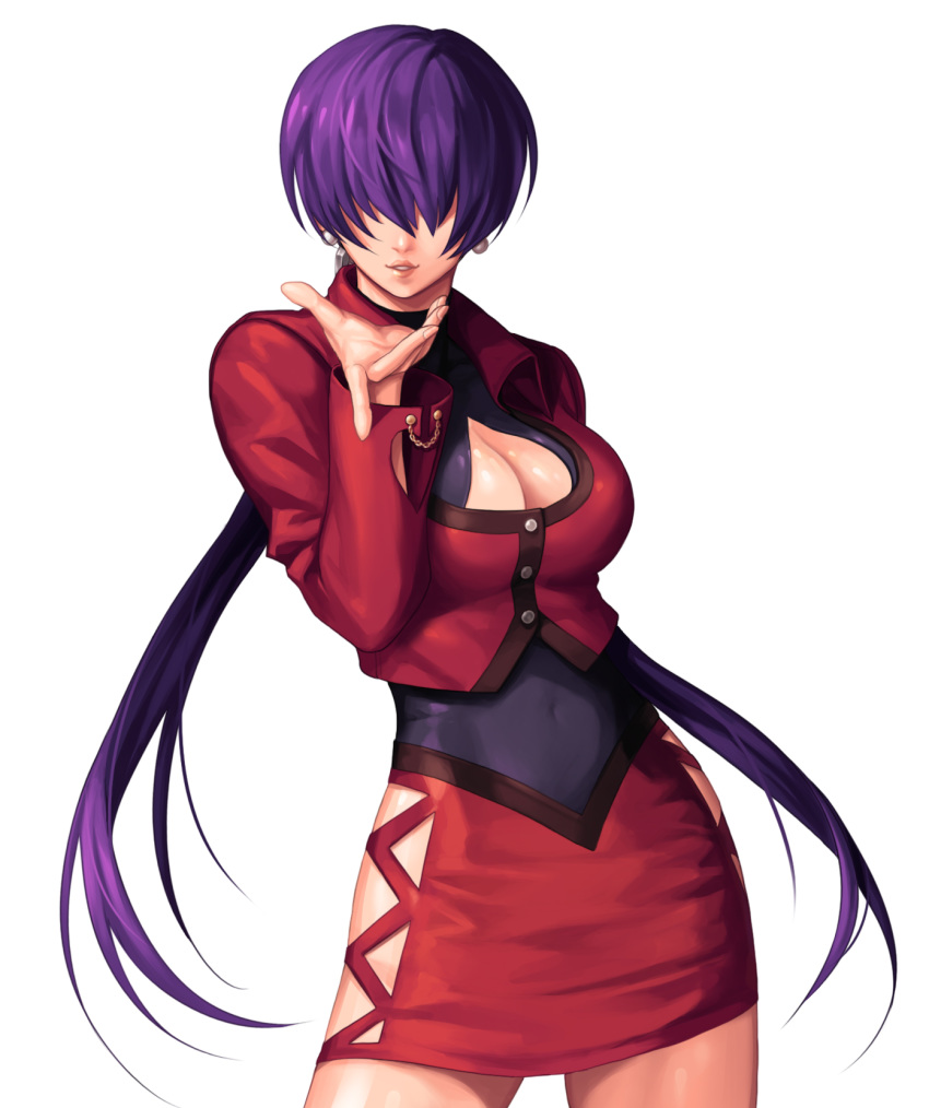 1girl breasts buttons cleavage cleavage_cutout commentary_request covered_navel cropped_jacket earrings evilgun fingernails hair_over_eyes hand_up highres jacket jewelry large_breasts long_hair long_sleeves low_twintails miniskirt orochi_shermie outstretched_hand parted_lips purple_hair red_jacket red_skirt shermie shiny shiny_hair shiny_skin simple_background skirt smile snk solo the_king_of_fighters tied_hair twintails white_background