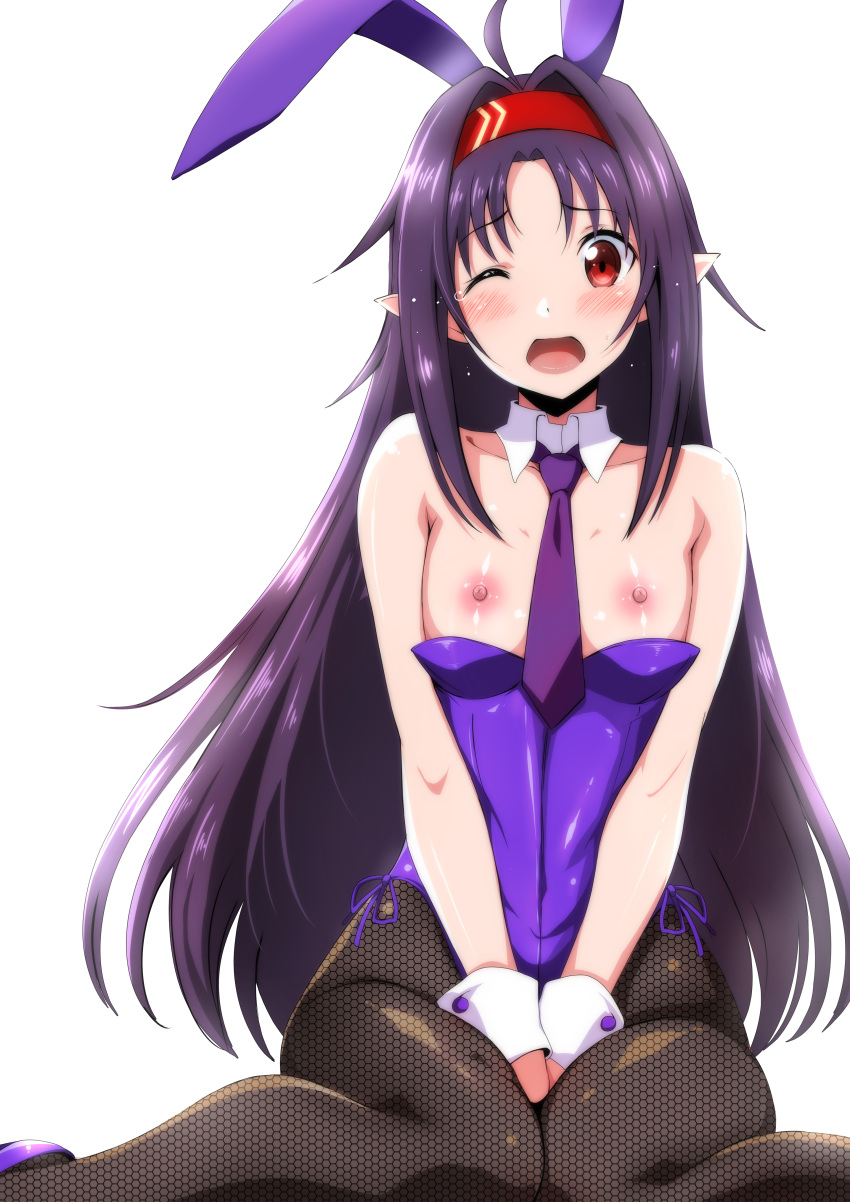 1girl ;o absurdres airando animal_ears black_legwear blush bow bunny_ears bunny_girl bunnysuit detached_collar embarrassed fishnet_pantyhose fishnets flat_chest highres leotard leotard_pull long_hair looking_at_viewer necktie nipple_slip nipples one_eye_closed pantyhose pointy_ears purple_hair purple_leotard purple_neckwear red_eyes simple_background sitting smile solo strapless strapless_leotard sword_art_online tears wariza white_background wrist_cuffs yuuki_(sao)