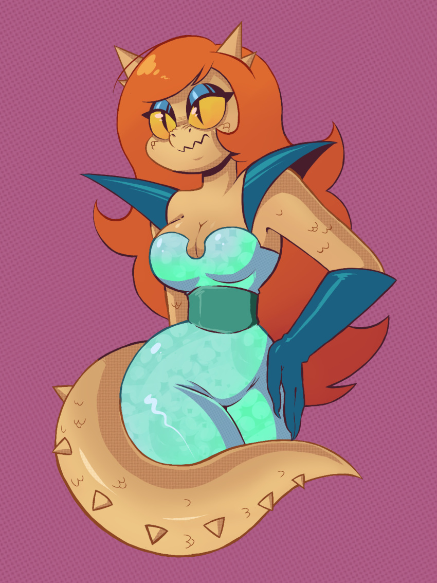 anamarina22 anthro breasts cartoon_network cleavage clothed clothing cosma_(ok_k.o.!_lbh) female finger_claws gloves hair handwear hi_res lizard ok_k.o.!_let's_be_heroes red_hair reptile scalie shoulder_pads tight_clothing yellow_sclera