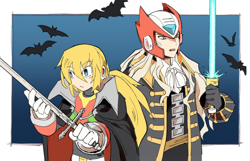 2boys alucard_(castlevania) alucard_(castlevania)_(cosplay) android armor assist_trophy bat belt blonde_hair blue_eyes boots cape castlevania castlevania:_symphony_of_the_night castlevania_iii:_dracula's_curse confused cosplay costume_switch energy_sword gloves green_eyes hair_between_eyes halloween headphones height_difference helmet highres holding holding_sword holding_weapon long_hair longsword male_focus multiple_boys norue6 okiayu_ryoutarou open_mouth ponytail robot rockman rockman_x seiyuu_connection super_smash_bros. sword vampire very_long_hair weapon zero_(rockman) zero_(rockman)_(cosplay)