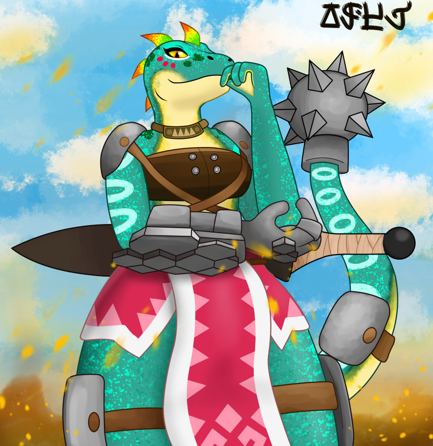 2019 4_fingers absurd_res anthro biped breasts clothed clothing cloud day digital_drawing_(artwork) digital_media_(artwork) eyelashes fan_character female fingers green_body green_scales green_skin hi_res jose-497 lizalfos lizard loincloth looking_at_viewer medium_breasts melee_weapon nintendo non-mammal_breasts outside reptile roxanne_(jose-497) scales scalie signature simple_background sky skyward_sword smile solo spots spotted_body standing sword the_legend_of_zelda thick_thighs video_games weapon wide_hips
