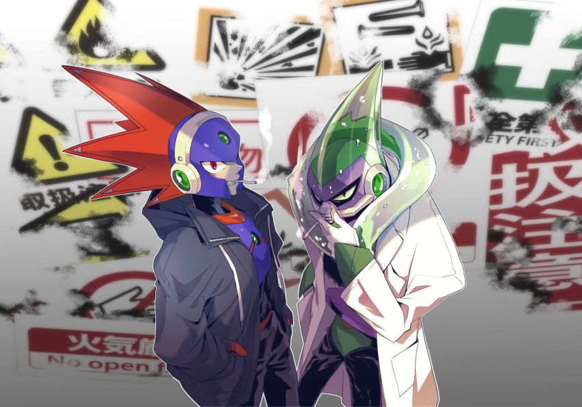 2boys acid acid_man android arm_cannon armor blast_man chin_stroking cigarette gloves grin highres hunchback hunched_over in_pocket jacket labcoat mad_scientist multiple_boys numazoko_3 purple_eyes red_eyes robot robot_joints rockman rockman_11 smile smoking spiked_hair standing thinking visor weapon