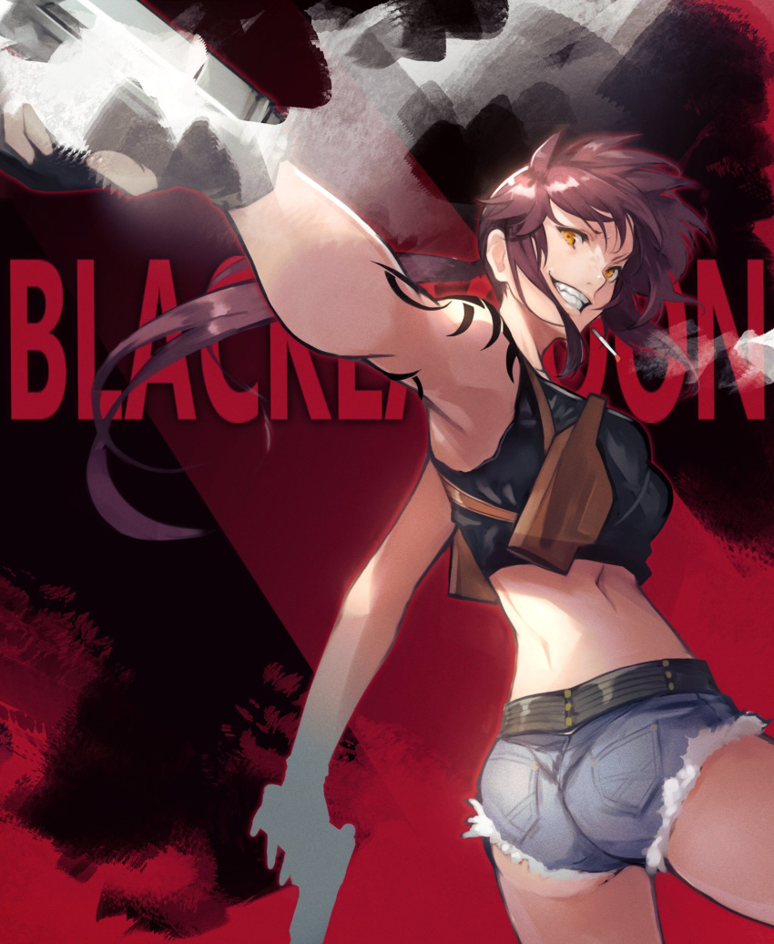 1girl 55level armpits ass belt black_gloves black_lagoon breasts brown_hair cigarette copyright_name denim denim_shorts dual_wielding fingerless_gloves gloves grin gun handgun highres holding holding_gun holding_weapon holster long_hair looking_at_viewer midriff ponytail revy_(black_lagoon) shorts sleeveless smile smoke solo tattoo teeth weapon yellow_eyes