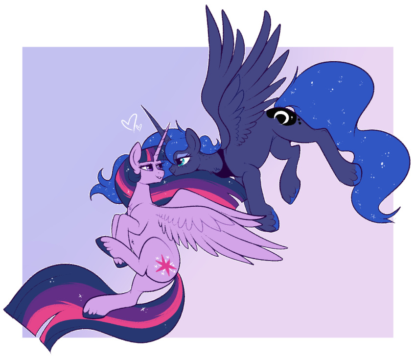 2019 cosmic_hair cutie_mark duo equid ethereal_hair eyelashes eyes_closed eyeshadow feathered_wings feathers female feral flying friendship_is_magic hair horn lulubell makeup mammal multicolored_hair my_little_pony princess_luna_(mlp) pseudo_hair smile twilight_sparkle_(mlp) winged_unicorn wings