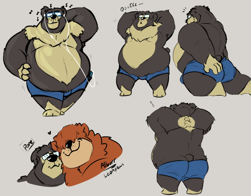 2019 anthro belly black_nose bulge butt clothing duo eyewear glasses hi_res humanoid_hands male mammal overweight overweight_male pure_command simple_background underwear ursid