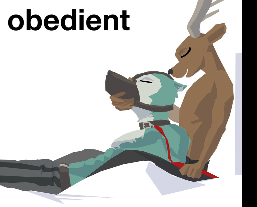 abs bdsm beastars bed_sheet bedding belt bottomwear canid canine canis cervid cervine clothed clothing collar leash legosi_(beastars) louis_(beastars) male male/male mammal muzzle_(object) muzzled pecs red_deer romantic_couple size_difference small_dom_big_sub solitudes text topless wolf