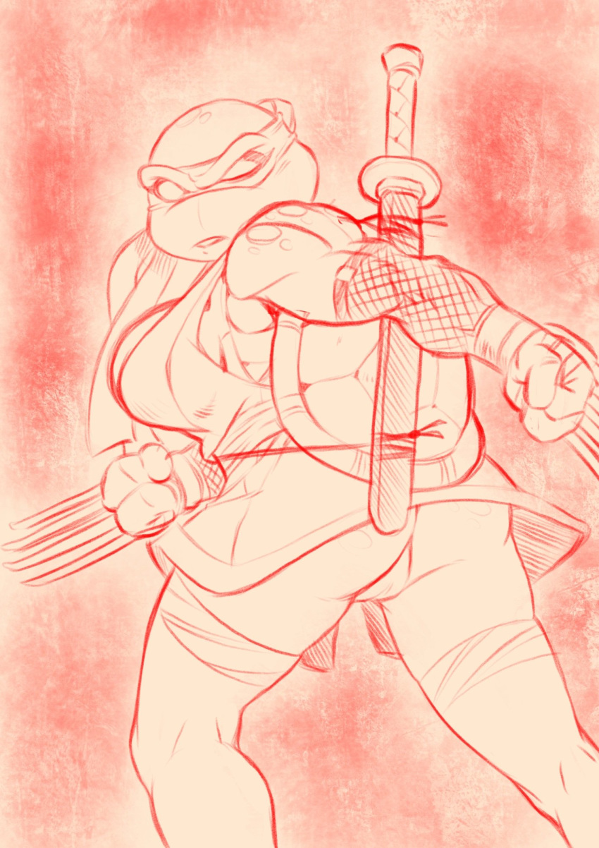 anthro big_breasts bottomless breasts butt claw_(weapon) clothed clothing fabio_paulino female fishnet gallogally hi_res jennika_(tmnt) looking_back melee_weapon monochrome muscular muscular_female non-mammal_breasts pussy reptile scalie shell solo sword teenage_mutant_ninja_turtles thigh_strap turtle weapon