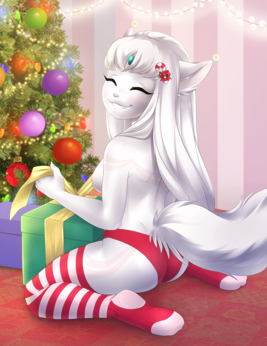 2019 anthro breasts butt candy candy_cane christmas christmas_tree clothed clothing dannyckoo detailed_background eyes_closed felid feline female food forehead_gem fur gift hair hi_res holidays inside legwear lights mammal mochii-chan nipples sitting smile solo stockings topless tree tresertf underwear white_body white_fur white_hair