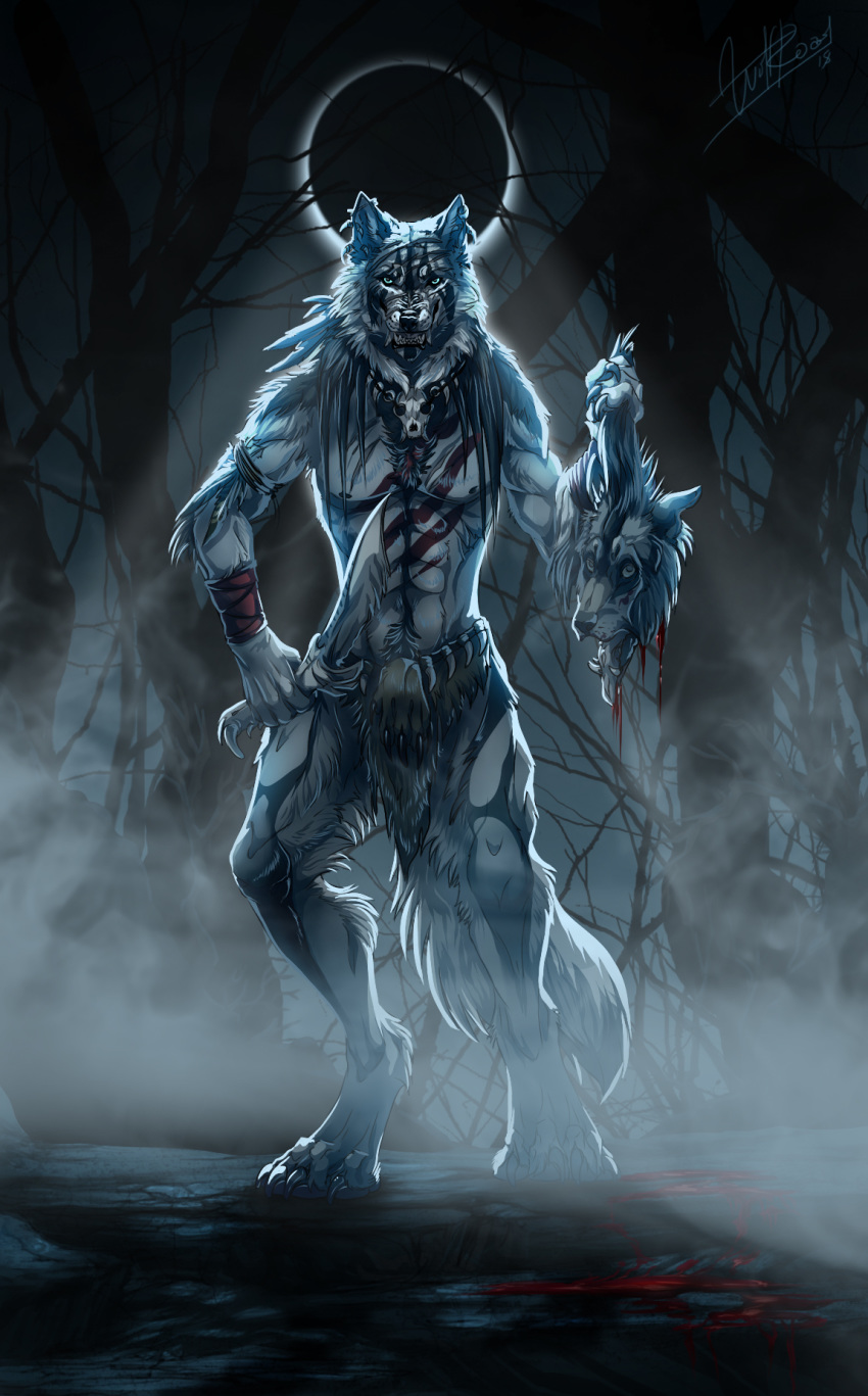 2018 4_toes 5_fingers anthro canid canine canis clothed clothing day detailed_background digital_media_(artwork) digitigrade eclipse fingers forest gore hi_res male mammal outside sky toes topless tree wolf wolfroad