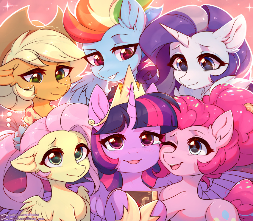 2019 absurd_res applejack_(mlp) clothing cutie_mark digital_media_(artwork) earth_pony emotional equid equine feathered_wings feathers female fensu-san feral fluttershy_(mlp) friendship_is_magic group hat headgear headwear hi_res horn horse looking_at_viewer mammal my_little_pony one_eye_closed pinkie_pie_(mlp) pony pterippus rainbow_dash_(mlp) rarity_(mlp) twilight_sparkle_(mlp) unicorn winged_unicorn wings