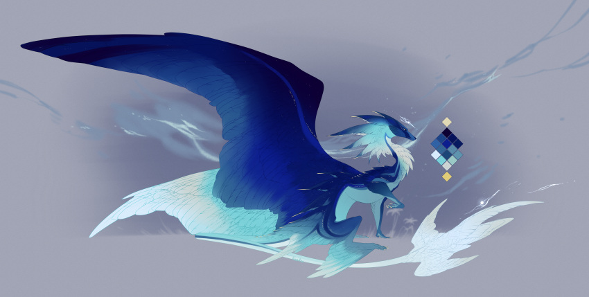 2019 absurd_res ambiguous_gender blue_body blue_feathers claws digital_media_(artwork) dragon feathered_dragon feathered_wings feathers feral hi_res kassillea model_sheet sitting solo white_body white_feathers wings