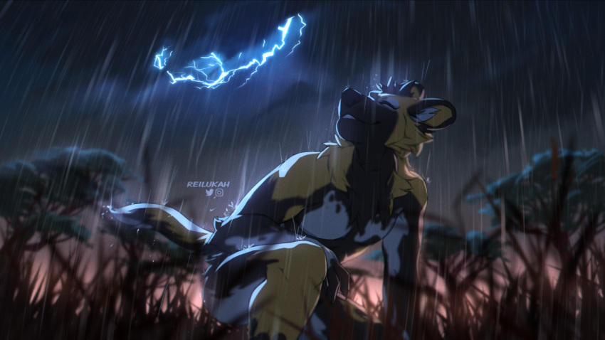 16:9 2019 african_wild_dog anthro black_nose canid canine detailed_background digital_media_(artwork) eyes_closed fur grass lukiri male mammal night outside solo yellow_body yellow_fur