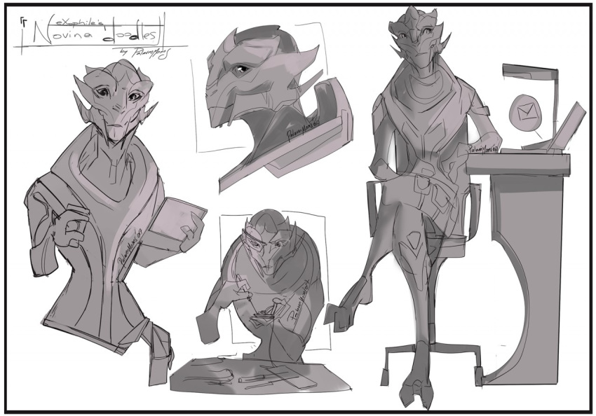 alien anthro black_and_white clothed clothing doodles female looking_at_viewer mass_effect mass_effect_andromeda monochrome novina_dexilicus palavenmoons simple_background smile solo topwear turian video_games waist_up white_background