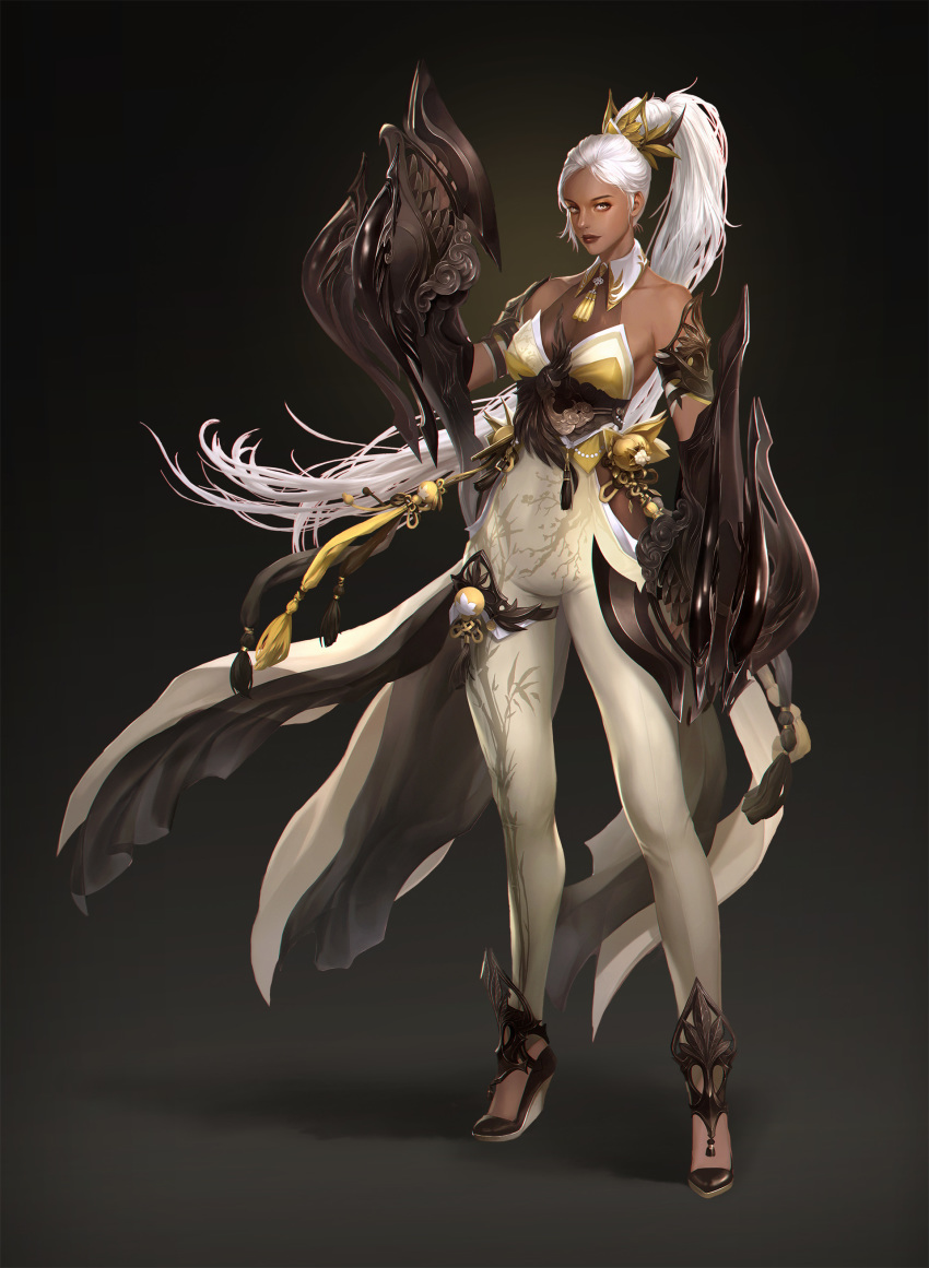 1girl absurdres dress fantasy full_body gauntlets gold_trim gradient gradient_background grey_background hair_ornament high_ponytail highres lizchiefffff long_hair looking_at_viewer original simple_background solo standing tree_print very_long_hair white_dress white_hair yellow_eyes