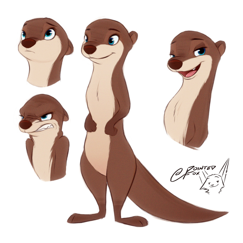 1:1 angry anthro blue_eyes brown_body brown_fur female frown fur hi_res lutrine mammal model_sheet mustelid nude open_mouth pointedfox river_otter simple_background smile white_background