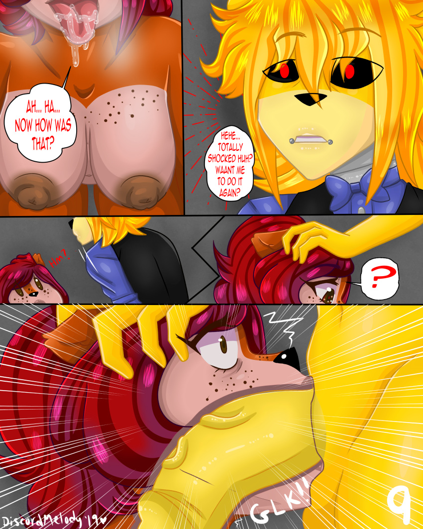 absurd_res animatronic anthro blush bodily_fluids breasts clothing comic deep_throat discordmelody drooling fellatio female five_nights_at_freddy's freckles glans golden_freddy_(fnaf) hi_res jasmine_ivory lips machine male mammal nipples oral penile penis robot saliva sex tongue video_games yellow_glans yellow_penis