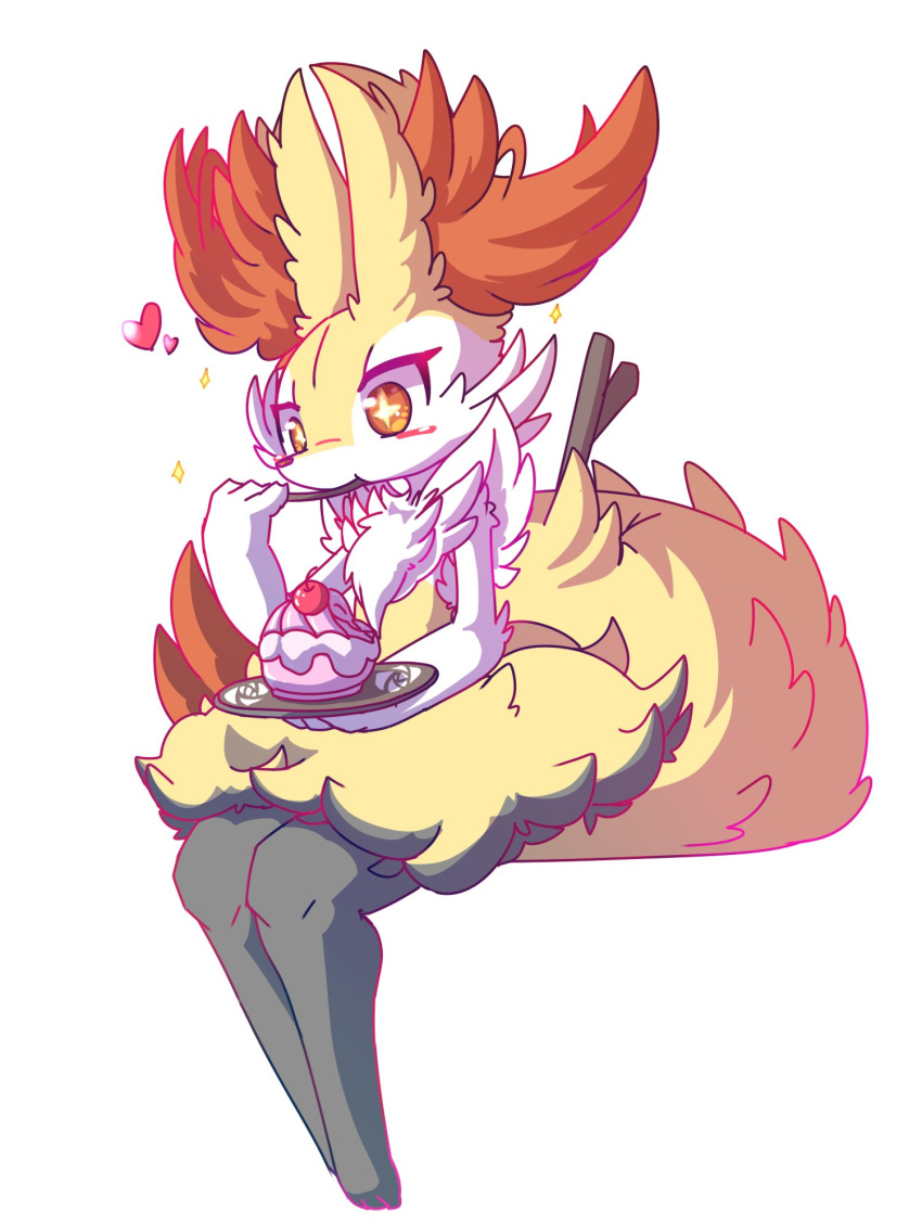 &lt;3 2018 3_toes anthro blush braixen dipstick_tail eating female food fur happy hi_res inner_ear_fluff multicolored_body multicolored_fur multicolored_tail nintendo nyaswitchnya pok&eacute;_puff pok&eacute;mon pok&eacute;mon_(species) simple_background sitting solo star_eyes stick toes tuft video_games white_background