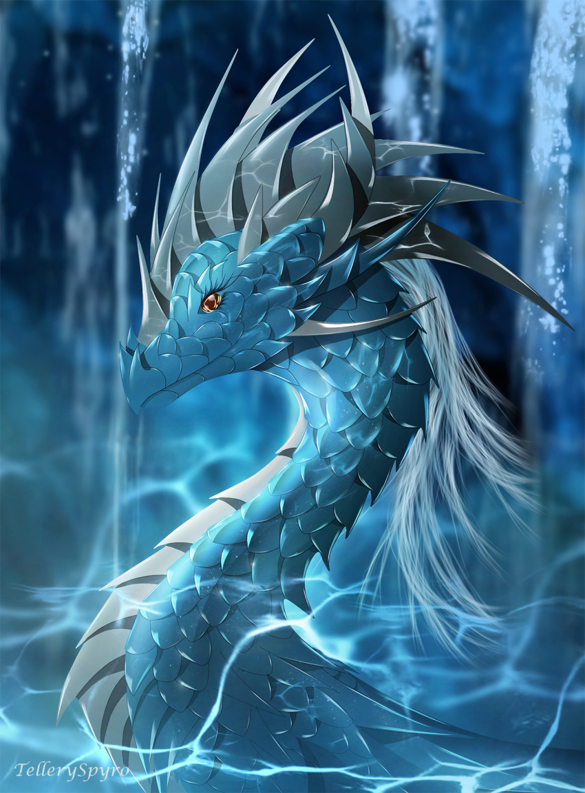 2019 ambiguous_gender blue_body blue_scales digital_media_(artwork) dragon eyelashes feral hi_res horn scales smile solo spines telleryspyro water