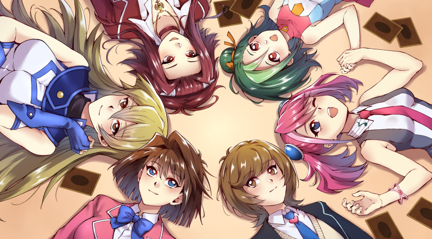 6+girls ;d blonde_hair blue_eyes blue_gloves blue_neckwear bracelet brown_eyes brown_hair card closed_mouth collarbone collared_shirt dress_shirt fingerless_gloves from_above gloves green_hair hair_intakes highlights highres hiiragi_yuzu holding_hands izayoi_aki jacket jewelry long_hair lying mazaki_anzu mibry_(phrysm) mizuki_kotori_(yuu-gi-ou_zexal) multicolored_hair multiple_girls musical_note musical_note_print necklace necktie on_back one_eye_closed open_mouth pink_hair pink_jacket red_eyes red_hair red_jacket red_neckwear school_uniform shiny shiny_hair shirt short_hair sleeveless sleeveless_shirt smile tenjouin_asuka two-tone_hair upper_body very_long_hair white_shirt wing_collar yuu-gi-ou yuu-gi-ou_5d's yuu-gi-ou_arc-v yuu-gi-ou_gx yuu-gi-ou_vrains yuu-gi-ou_zexal zaizen_aoi