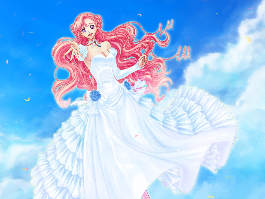 1girl :d blue_flower blue_rose blue_sky braid breasts choker cleavage cloud code_geass day detached_sleeves dress euphemia_li_britannia floating_hair flower highres kuon_yuu layered_dress long_dress long_hair long_sleeves looking_at_viewer medium_breasts open_mouth outdoors outstretched_arm pink_hair purple_eyes reaching_out rose sky sleeveless sleeveless_dress smile solo strapless strapless_dress very_long_hair wedding_dress white_dress white_sleeves