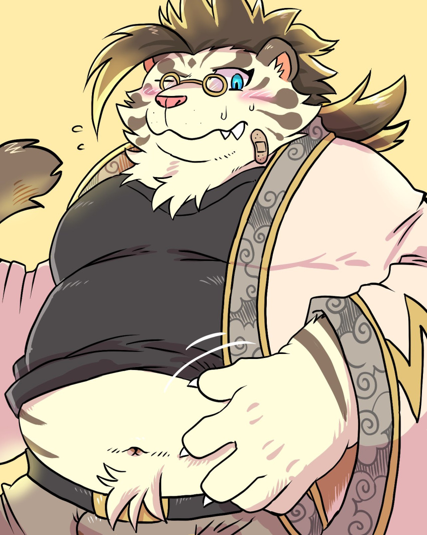 2019 anthro belly blush bottomwear bulge clothing cute_fangs eyewear felid fur glasses hi_res humanoid_hands licho_(tas) male mammal navel one_eye_closed overweight overweight_male pantherine pants shirokumaou shirt simple_background solo tiger tokyo_afterschool_summoners topwear video_games white_body white_fur wink