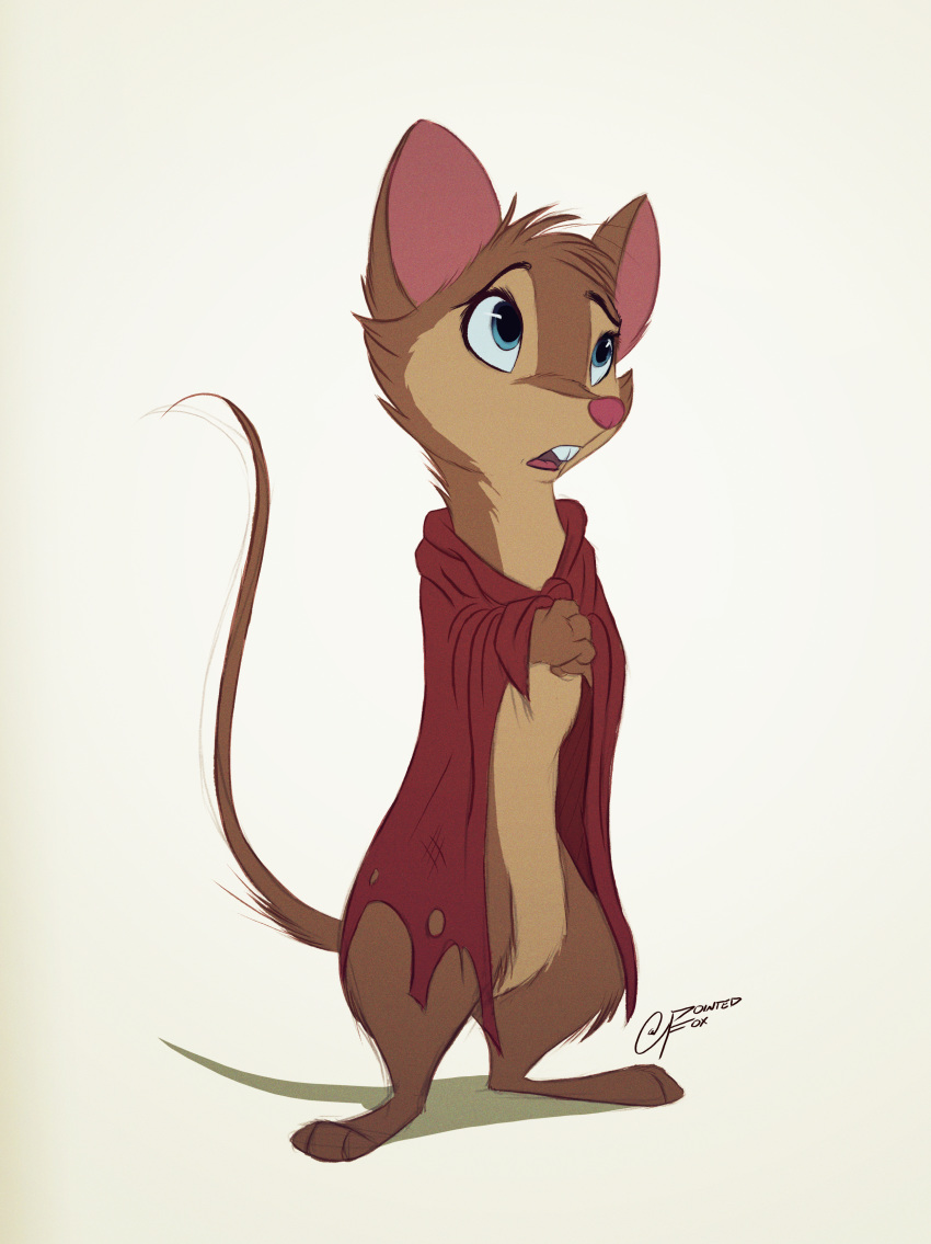 absurd_res anthro blue_eyes brown_body brown_fur buckteeth cape cape_only clasped_hands clothed clothing don_bluth female fur hi_res looking_up mammal mostly_nude mouse mrs._brisby multicolored_body multicolored_fur murid murine partially_clothed pointedfox rodent semi-anthro simple_background solo teeth the_secret_of_nimh two_tone_body two_tone_fur white_background