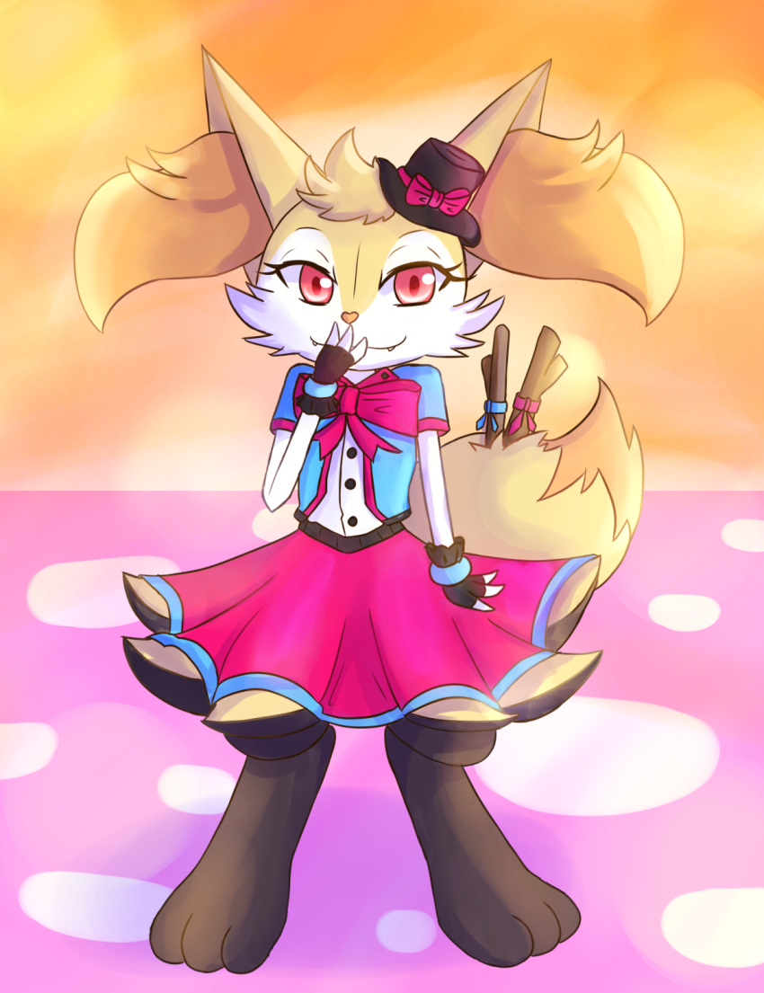&lt;3 2017 3_fingers 3_toes anthro biped black_body black_fur blue_clothing bottomwear bow_tie bracelet braixen button_(fastener) canid canine clothed clothing cute_fangs digital_media_(artwork) dipstick_tail dress eyelashes fan_character fangs female fingerless_gloves fingers fortuna_(unknownlifeform) full-length_portrait fur gloves handwear hat headgear headwear heart_nose hi_res inner_ear_fluff jewelry mammal multicolored_tail neck_bow nintendo orange_body orange_fur pink_clothing pok&eacute;mon pok&eacute;mon_(species) portrait red_eyes ribbons skirt solo standing stick toes tuft unknownlifeform video_games white_body white_clothing white_fur yellow_body yellow_fur