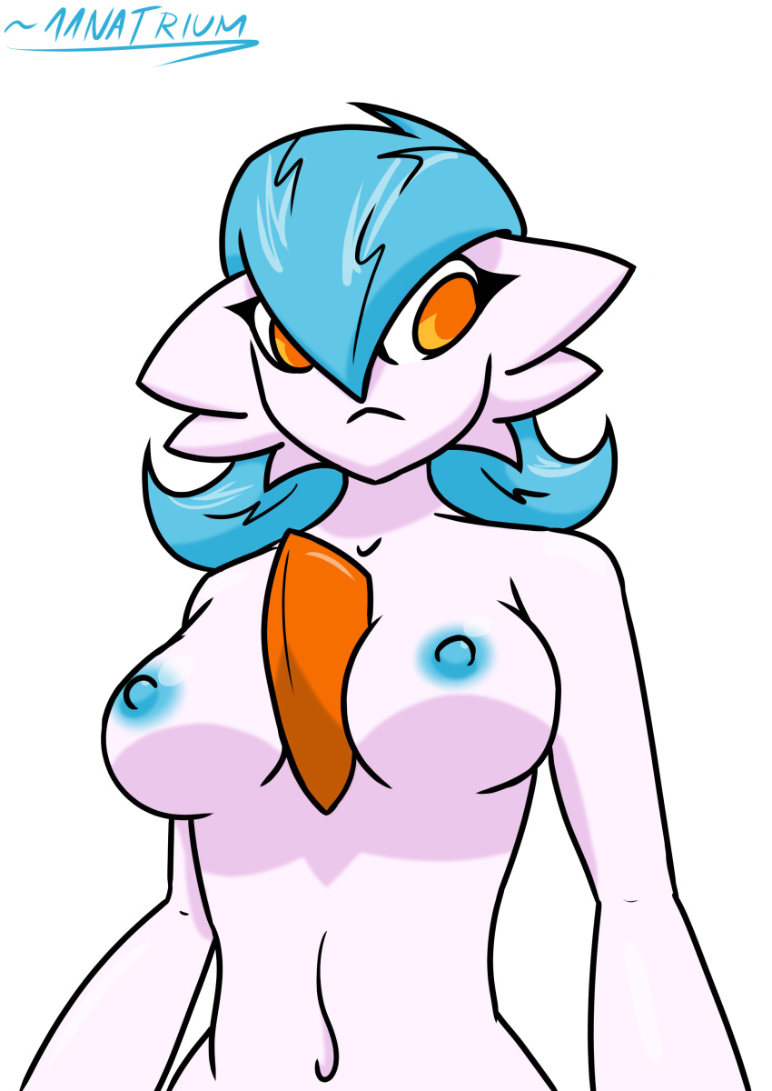 11natrium 2019 absurd_res blue_hair blue_nipples breasts clothed clothing digital_media_(artwork) female gardevoir hair half-length_portrait hi_res humanoid nintendo nipples not_furry orange_eyes pok&eacute;mon pok&eacute;mon_(species) portrait shiny_pok&eacute;mon simple_background solo topless video_games