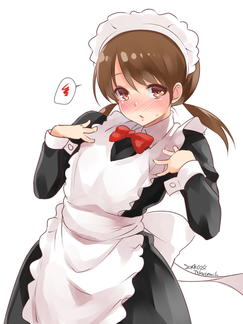 1girl alternate_costume apron artist_name bangs black_dress blush brown_eyes brown_hair dated dress enmaided frilled_apron frills highres kantai_collection long_hair low_twintails maid nose_blush parted_bangs shirayuki_(kantai_collection) short_twintails simple_background solo spoken_blush takase_muu twintails white_apron white_background