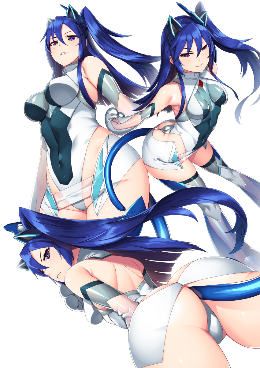 1girl absurdres animal_ears ass blue_hair blush bow breasts cat_ears cat_tail commentary_request covered_navel fake_animal_ears from_behind hair_bow hiememiko highleg highleg_leotard highres kazanari_tsubasa leotard long_hair looking_at_viewer looking_back medium_breasts multiple_views open_mouth purple_eyes senki_zesshou_symphogear shiny shiny_hair shiny_skin side_ponytail simple_background skin_tight tail teeth thighhighs white_background white_legwear