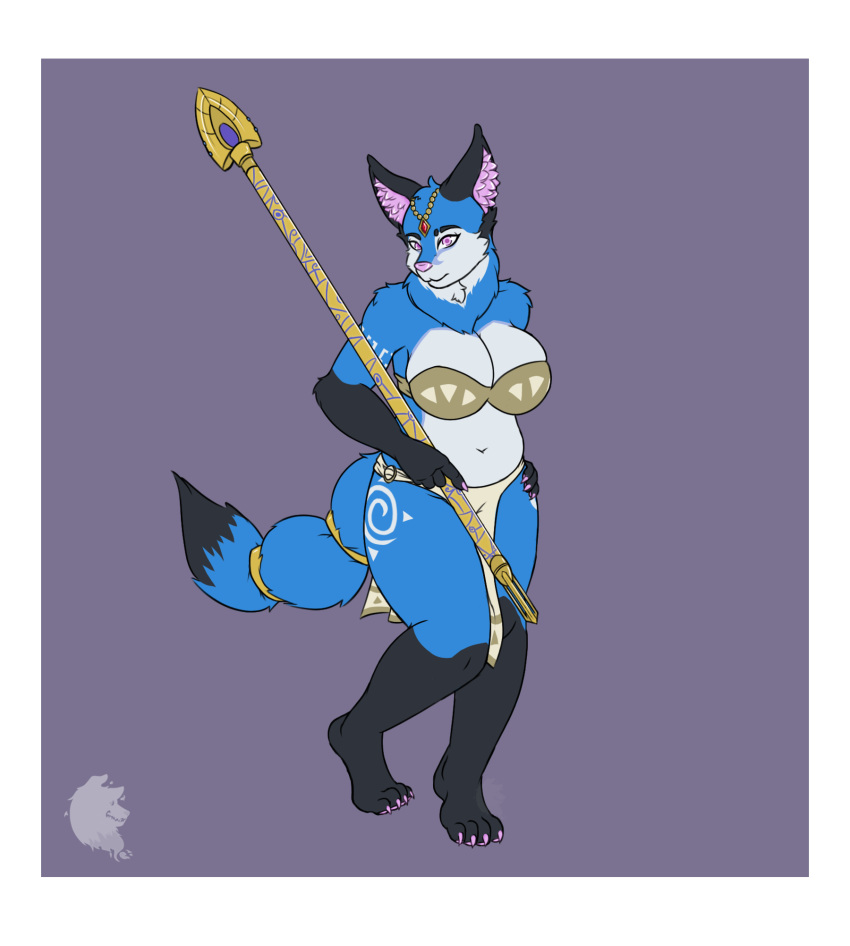 2019 anthro big_breasts bikini breasts canid canine cleavage clothed clothing cosplay digital_media_(artwork) fox glowing glowing_eyes grinn3r hi_res holding_object holding_weapon jewelry krystal looking_at_viewer mammal nintendo pink_eyes simple_background smile solo staff star_fox swimwear video_games weapon