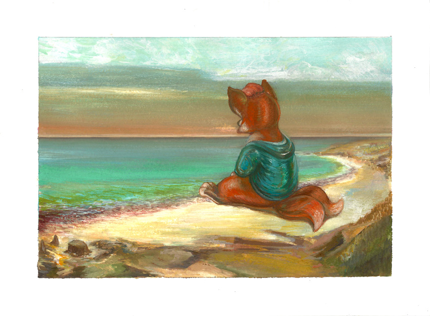 2019 absurd_res anthro beach biped blackmorass brown_body canid canine clothed clothing fox fur gouache_(artwork) hair hi_res invalid_tag male mammal marredhen mood painting_(artwork) seaside sitting sky solo sweater topwear traditional_media_(artwork) tweetfur twitter