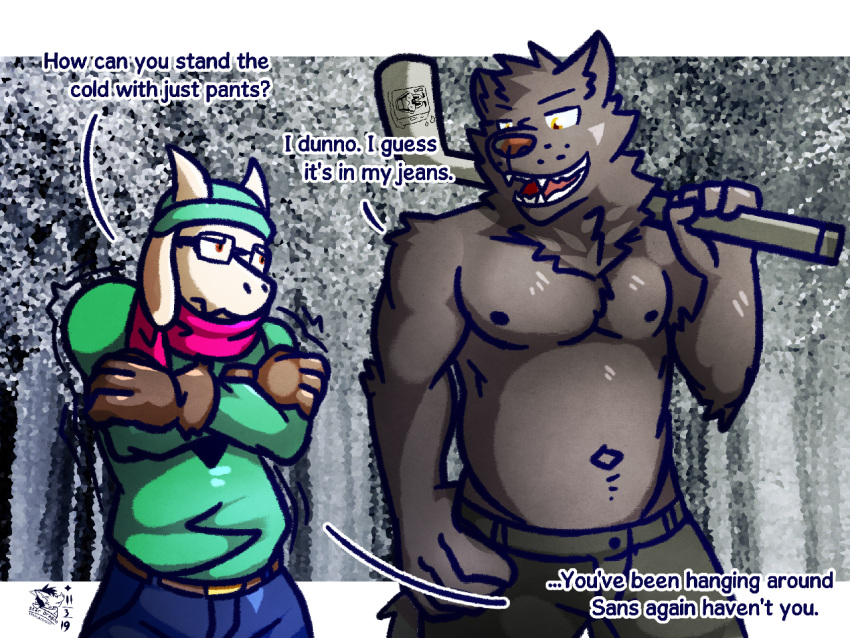 asriel_dreemurr belly canid canine canis clothed clothing deltarune eyewear glasses ice_wolf_(undertale) male mammal scarf text topless undertale ventkazemaru video_games winter wolf