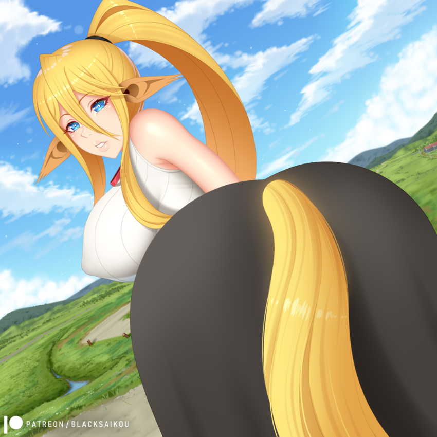 1:1 big_breasts blacksaikou blonde_hair blue_eyes breasts brown_body brown_fur centaur centorea_shianus_(monster_musume) clothing cloud equid equid_taur equine equine_taur female fur grass hair mammal mammal_taur monster_girl_(genre) monster_musume nipple_outline ponytail solo taur